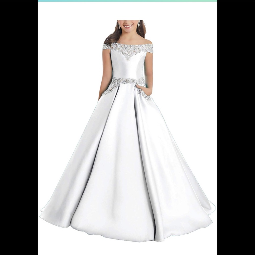 White flower girl dress with silver rhinestones